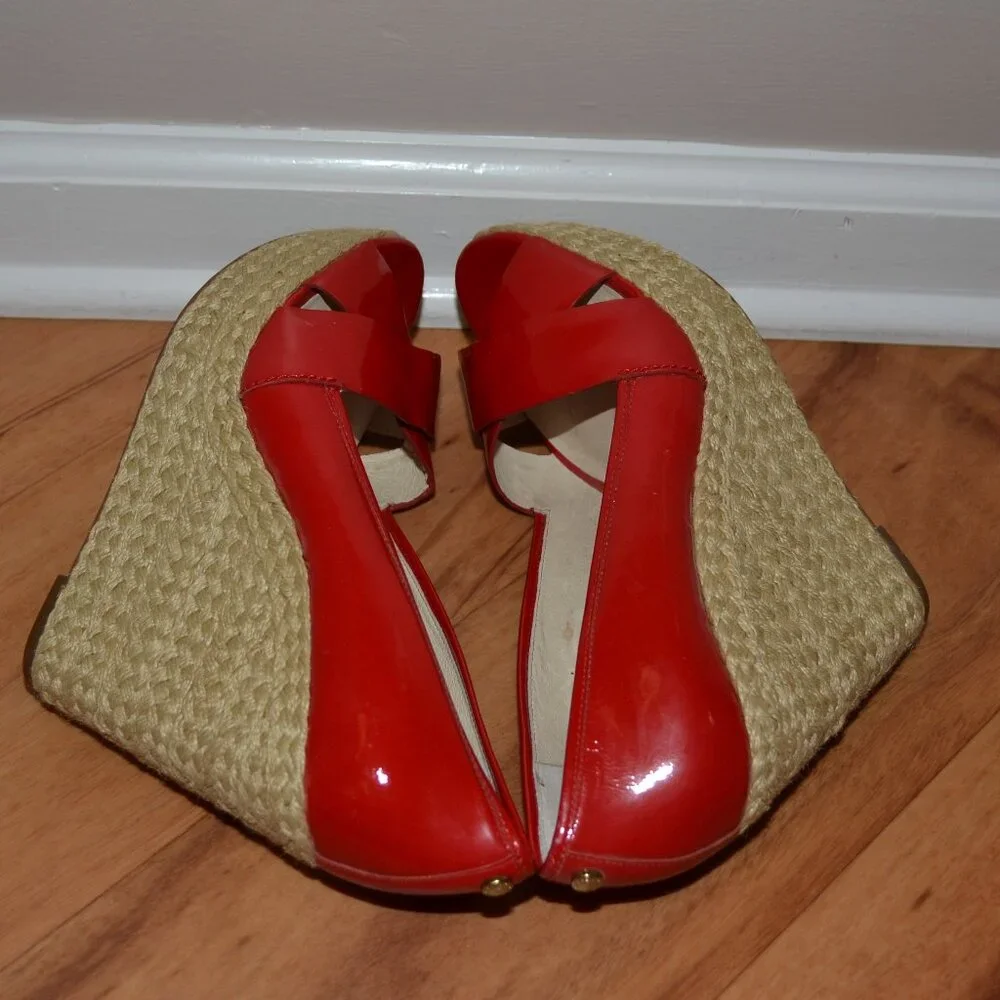 Michael Kors red leather Casandra Espadrille open toe Platform wedge sandals 8.5